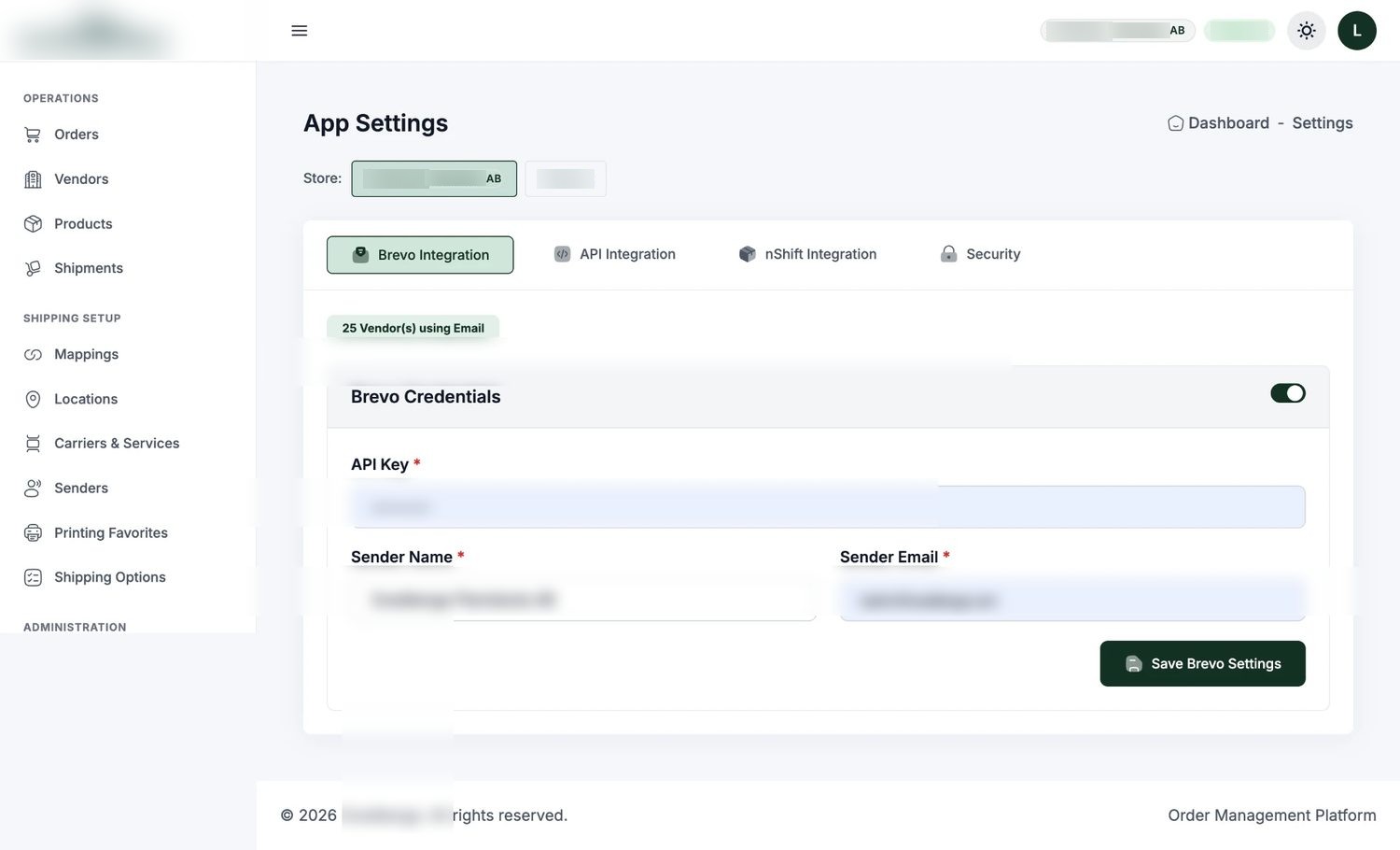 Integration settings for email, API and nShift, per store.