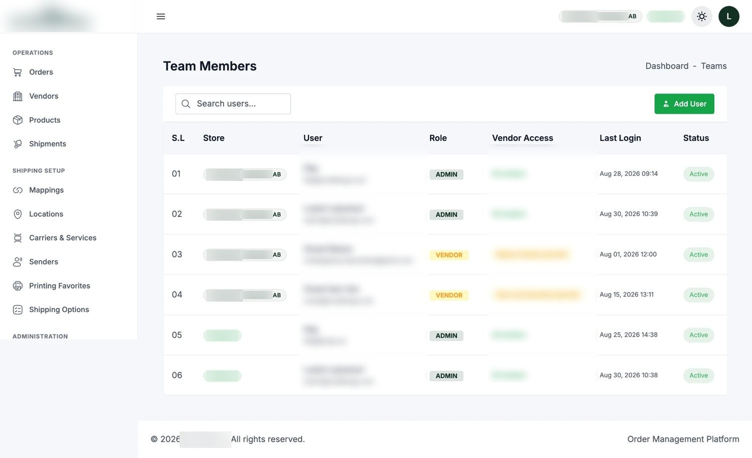 Role-based access — staff and vendor accounts scoped to what they may see.