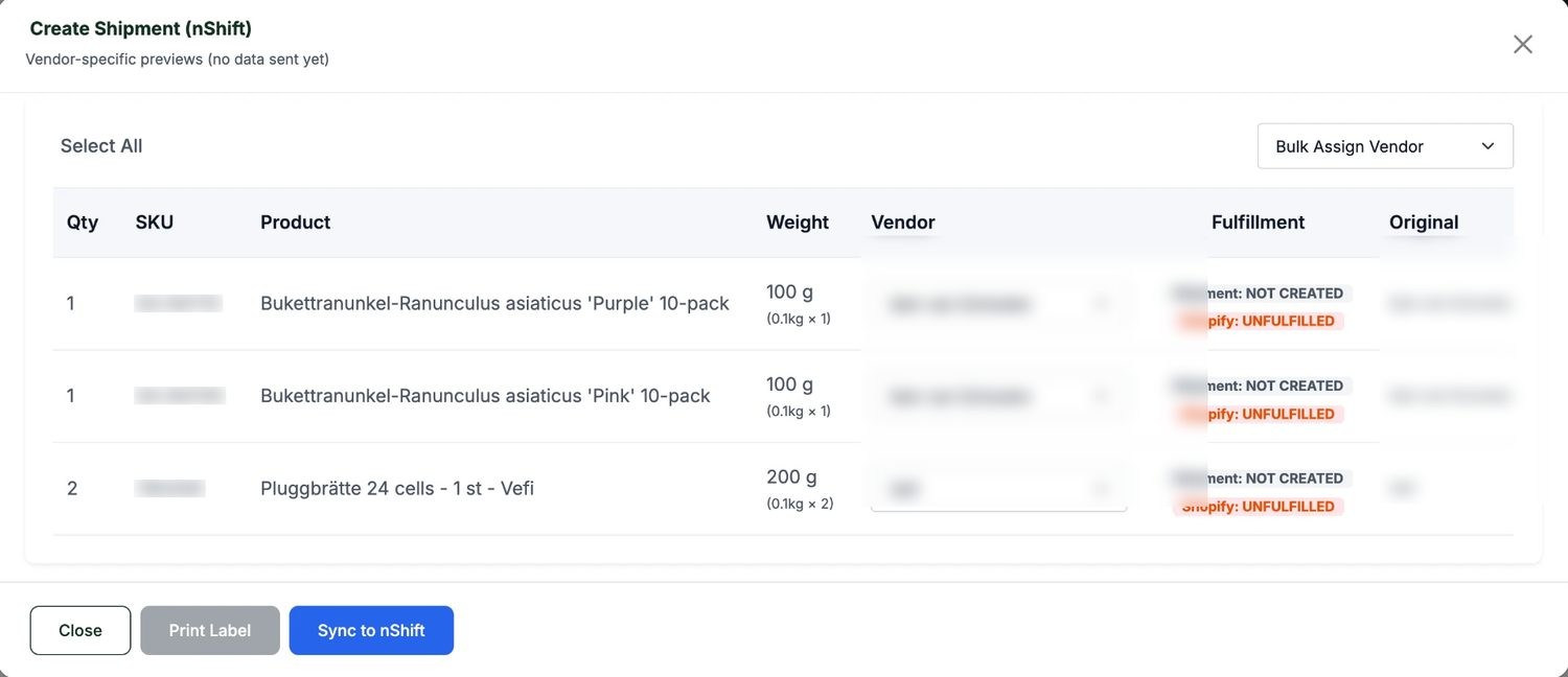 One-click shipment creation in nShift with carrier, service, parcel and pickup control.