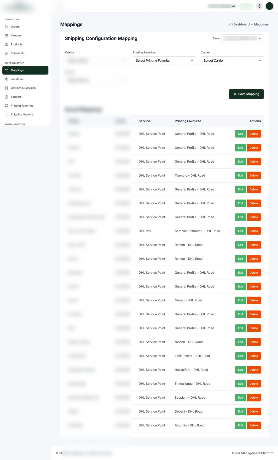 Shipping configuration mapping vendors to carriers, services and print profiles.