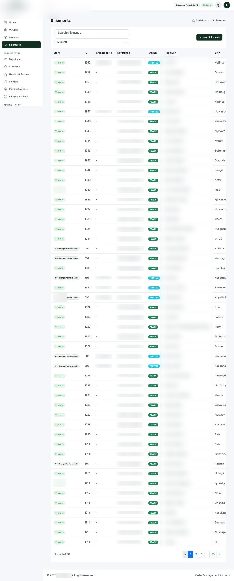 Shipment register with READY and PRINTED states so nothing is handled twice.