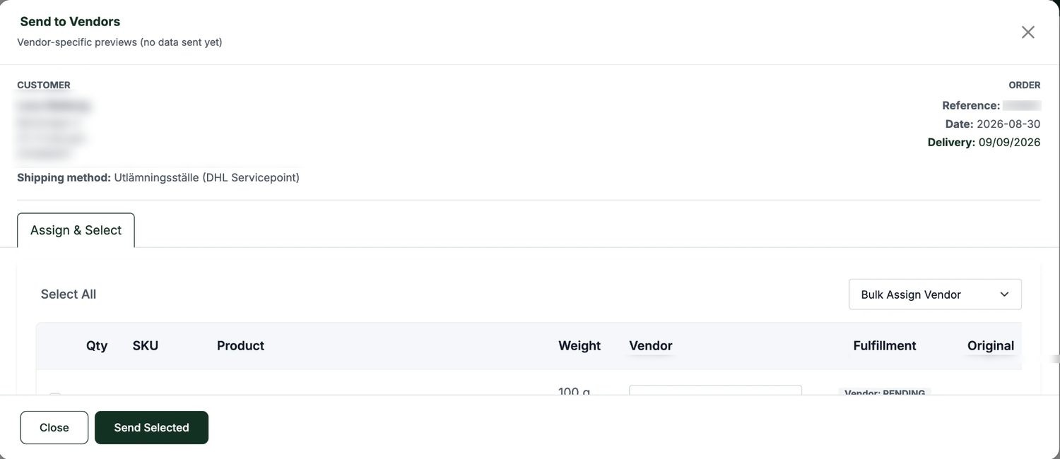 Send to vendors — per-line vendor assignment before anything leaves the system.