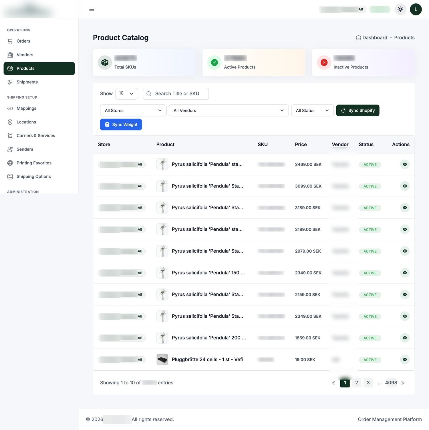 Product catalogue synced across vendors, with active/inactive SKU control.
