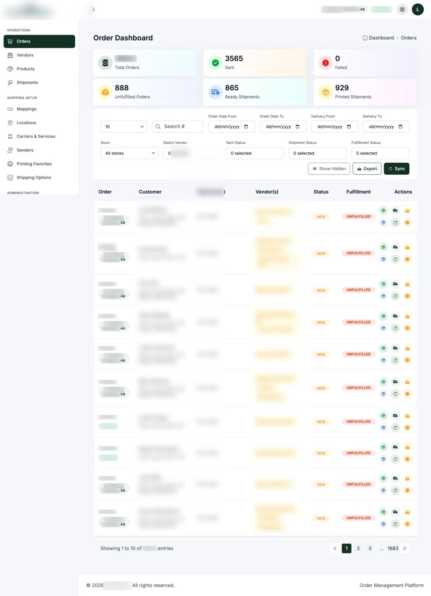 Operations dashboard — order, sent, failed, unfulfilled, ready and printed counts in one view.