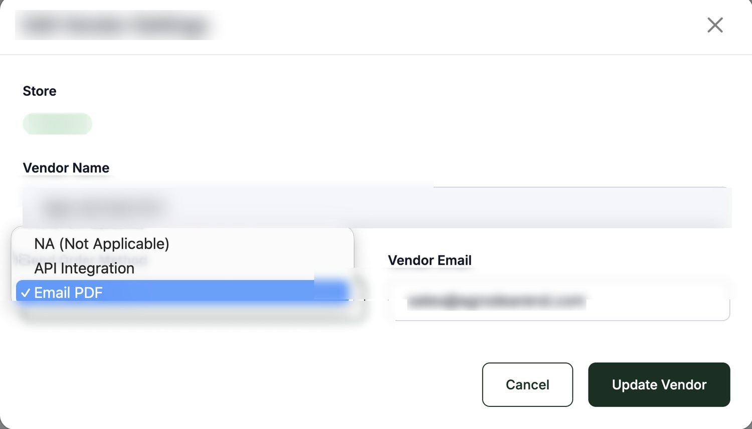 Per-vendor delivery method — API integration or emailed PDF.